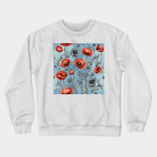 Peachy Red and Ash Poppies Floral Pattern on Dusty Sky Blue Crewneck Sweatshirt